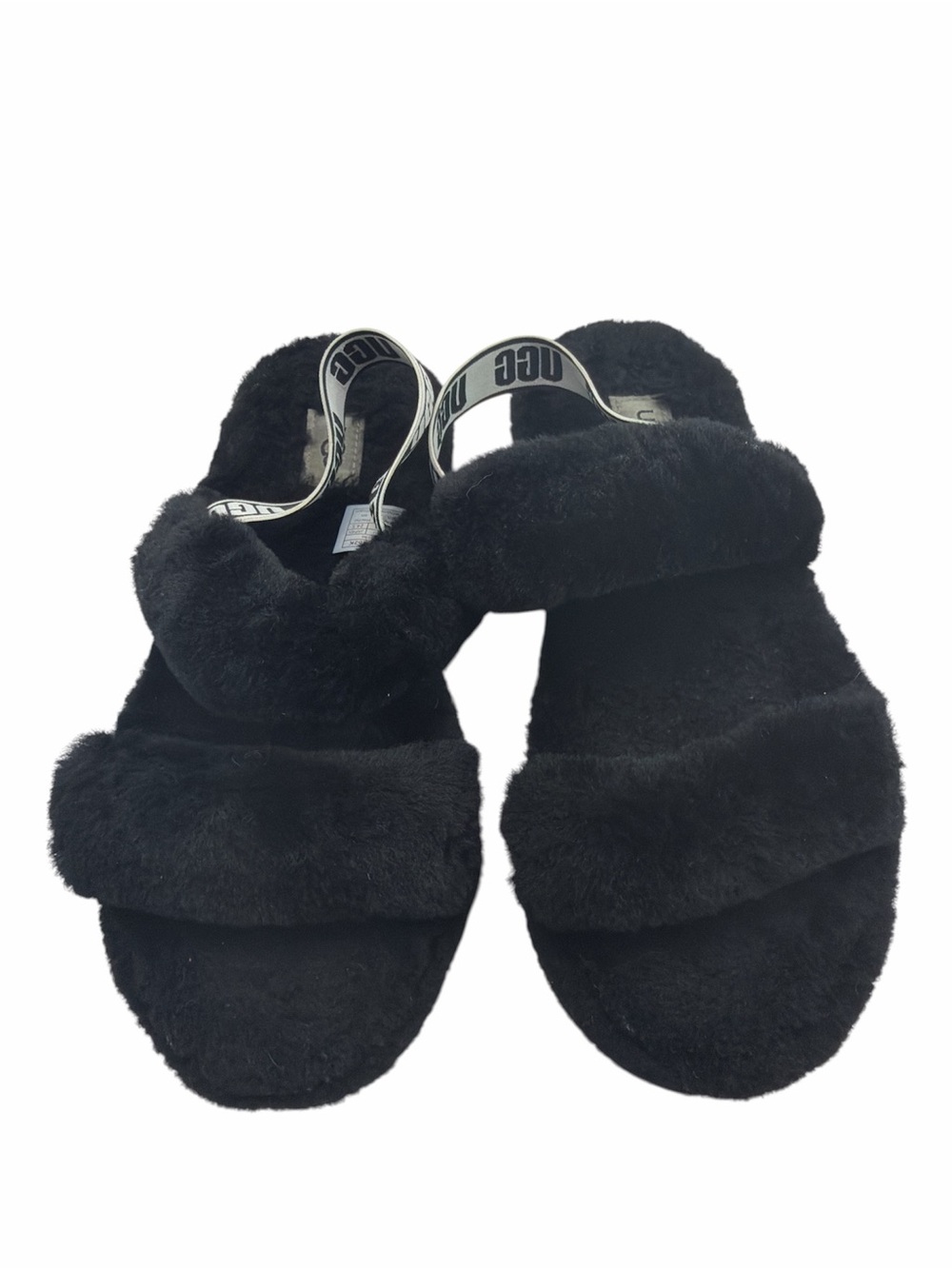UGG Black Plush Double-Band Slide Sandals with Logo Heel Strap
